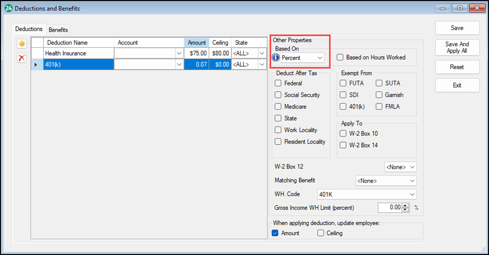 Image showing the employee deductions with Employer 401(k) matching based on percentage.